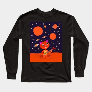 fiery red cat playing guitar in space Long Sleeve T-Shirt